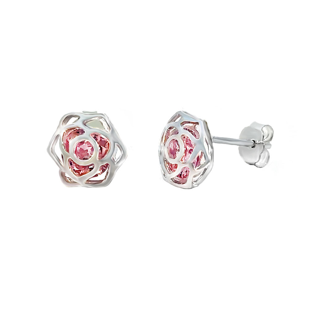 Pink Cubic Zirconia Flower Sterling Silver Stud Earrings