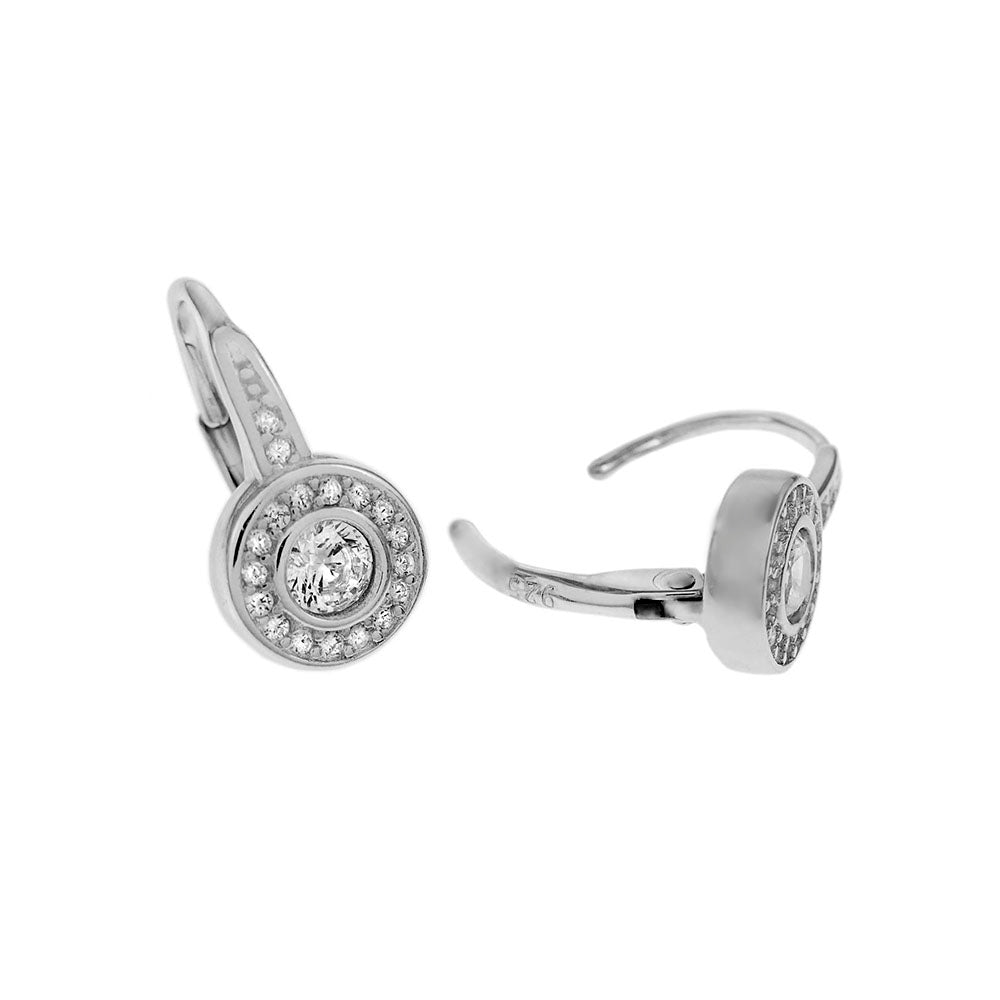 Sterling Silver Halo CZ Lever Back Drop Earrings Rhodium