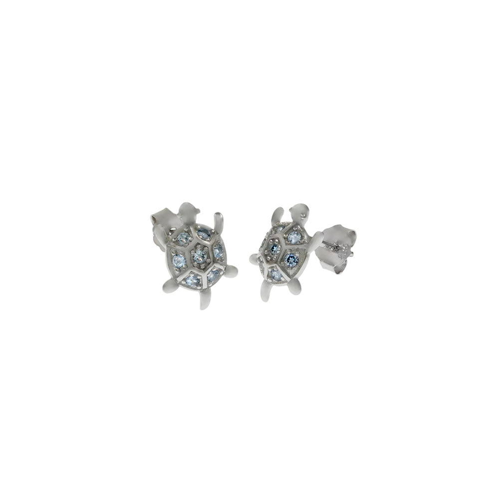 CZ Aquamarine Turtle Rhodium Stud Earrings