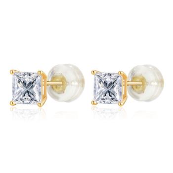 14K Gold Square CZ Silicone Back Stud Earrings