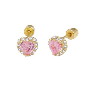 14K Gold Halo Pink Heart Screw Back Stud Earrings