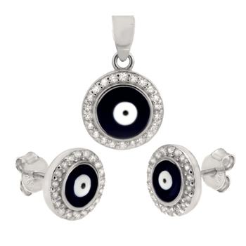 Sterling Silver Black Evil-Eye CZ Earrings & Pendant Set