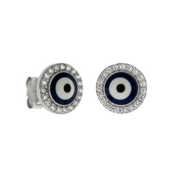 Dark Blue Evil Eye with CZ Sterling Silver Rhodium Stud Earrings