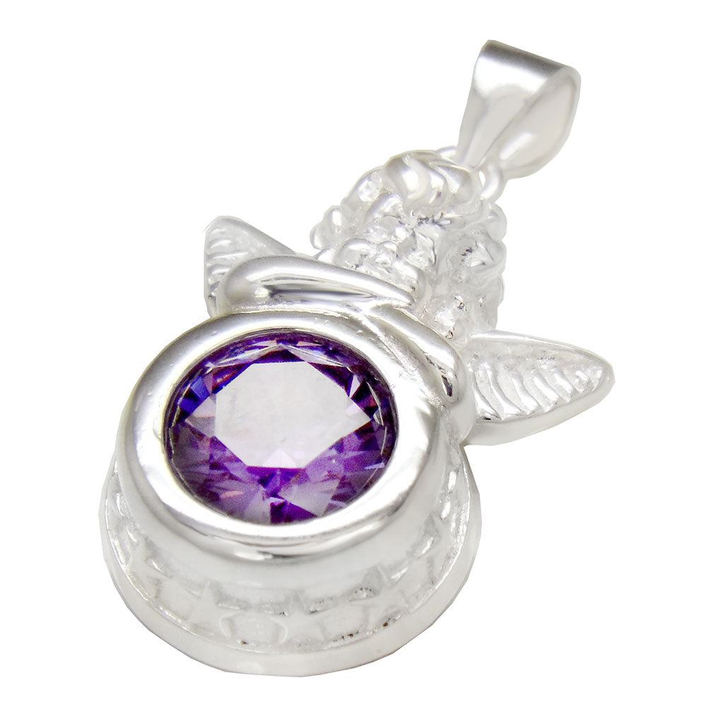 10mm Round CZ Amethyst Sterling Silver Angel Pendant