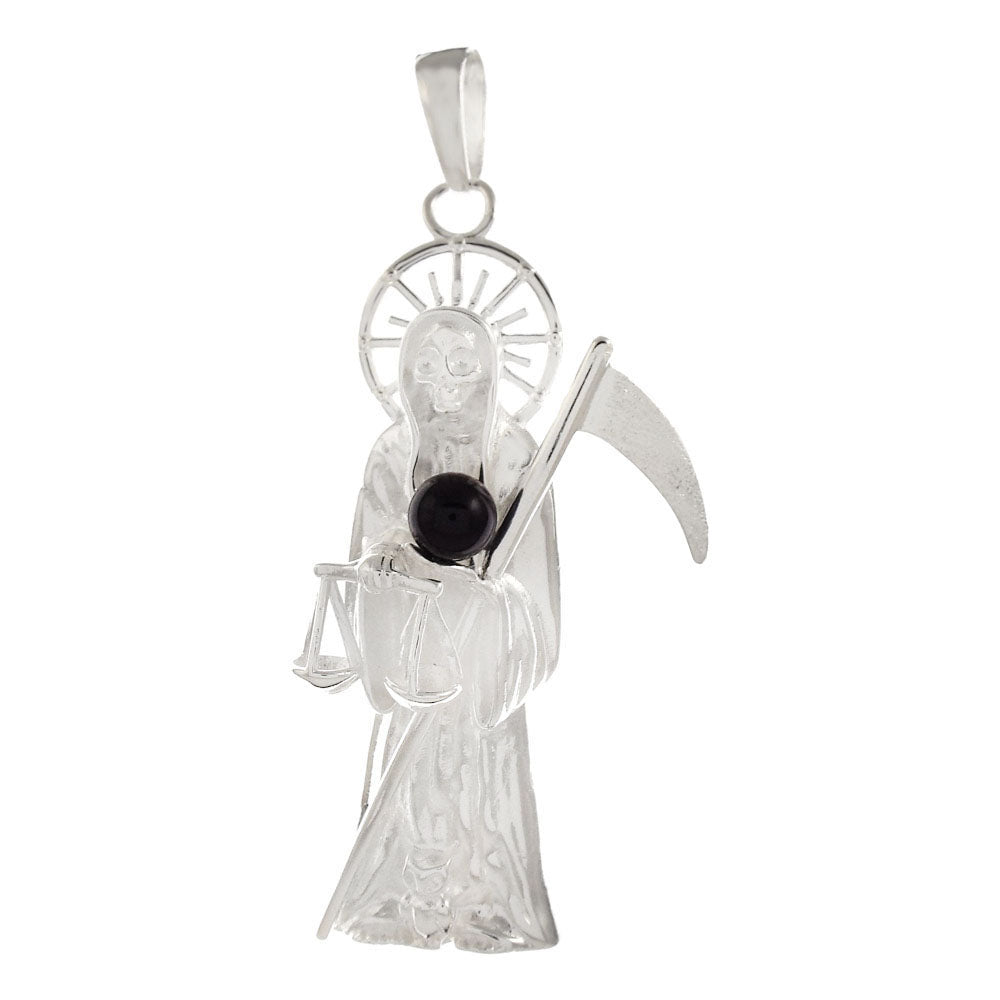 Sterling Silver Santa Muerte W. Black Onyx Ball Pendant