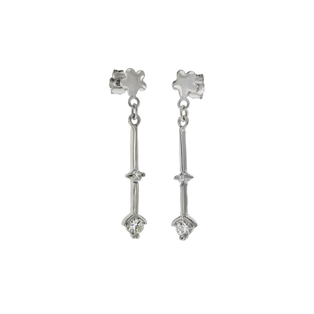 Sterling Silver Star W Cubic Zirconia Dangle Rhodium Earrings