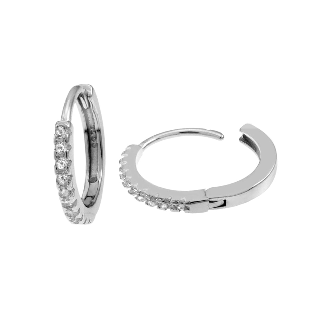 Sterling Silver CZ Huggie Rhodium Hoop Earrings