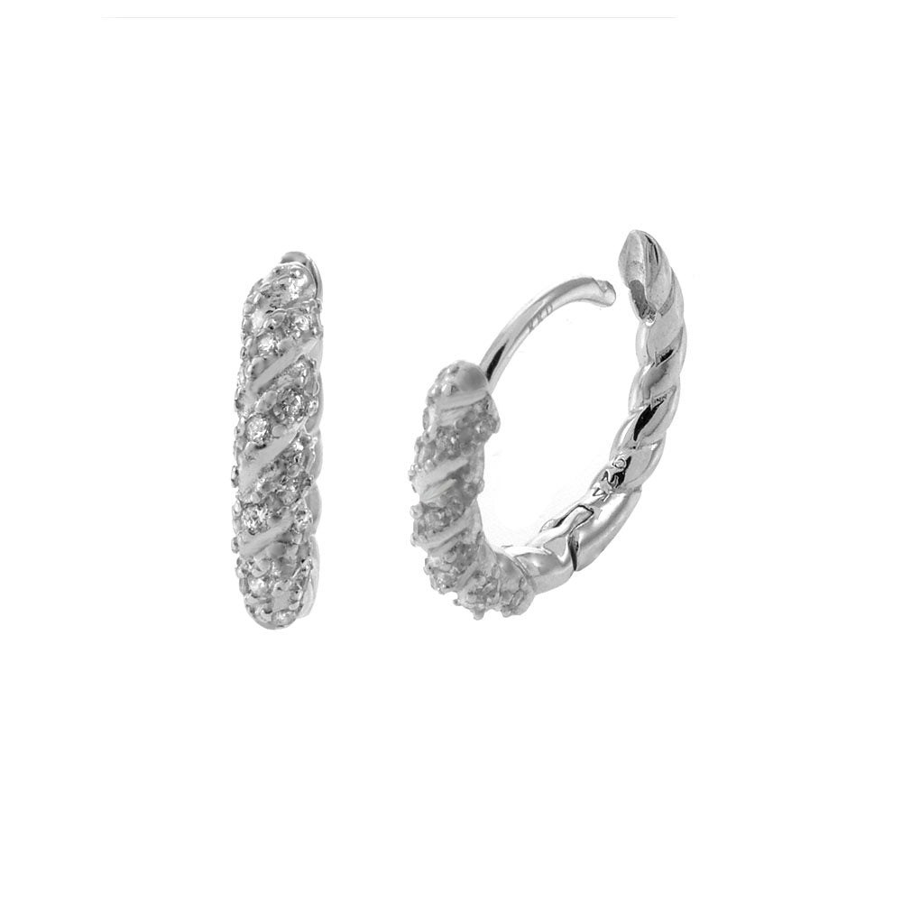 Sterling Silver Rhodium Plated Twisted Huggie Hoop Earrings