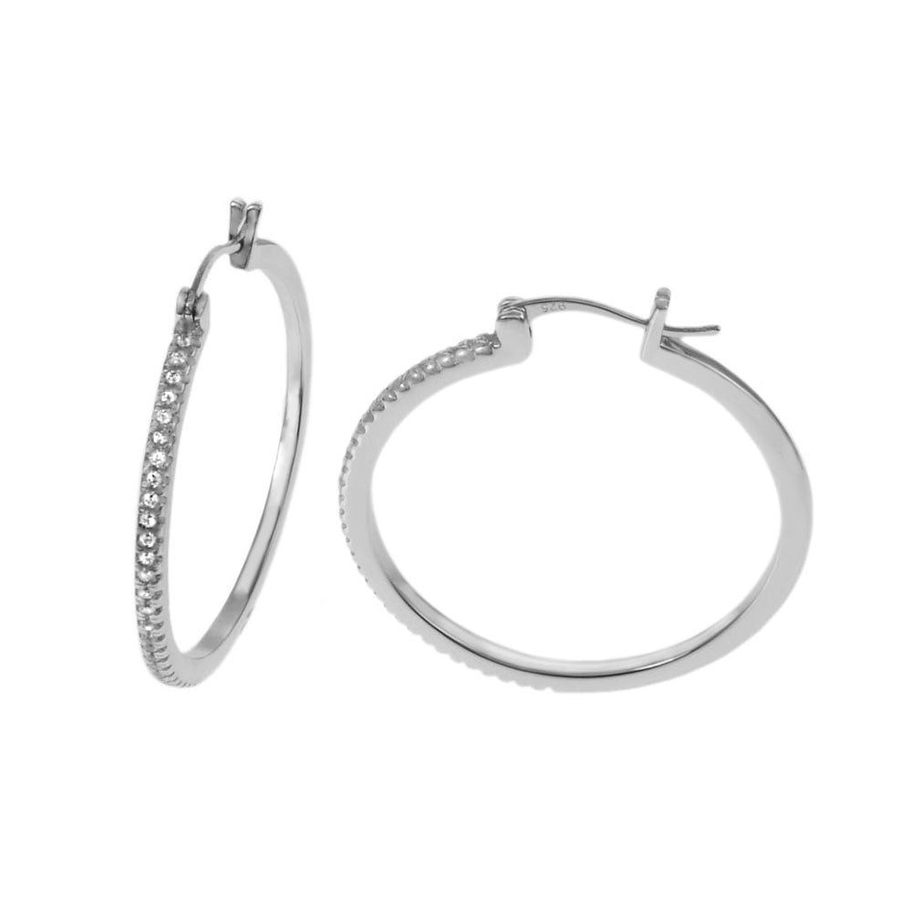 .925 Sterling Silver CZ Rhodium Hoop Earrings Earrings