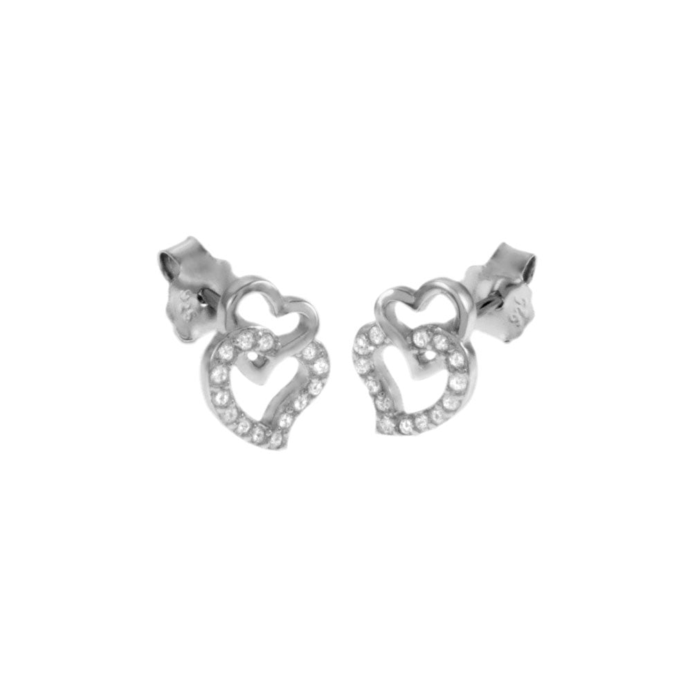 Double Heart Sterling Silver Rhodium CZ Stud Earrings