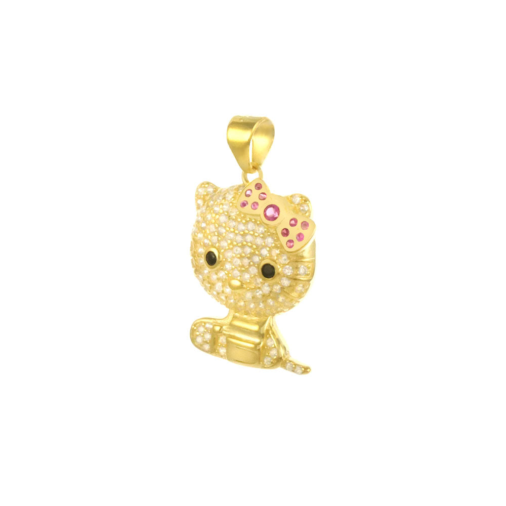 Pave CZ Kitty Cat Sterling Silver Gold Plated Pendant