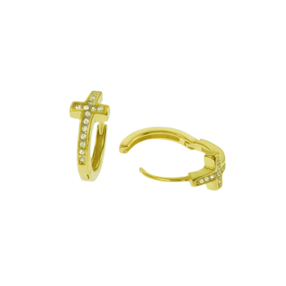CZ Cross Rhodium Huggie Hoop Earrings