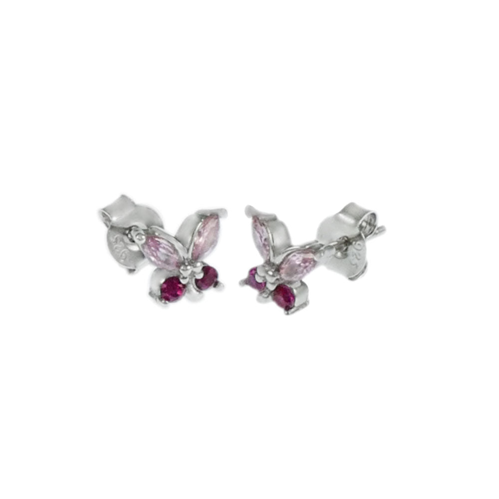Pink - Red CZ Butterfly Sterling Silver Stud Earrings