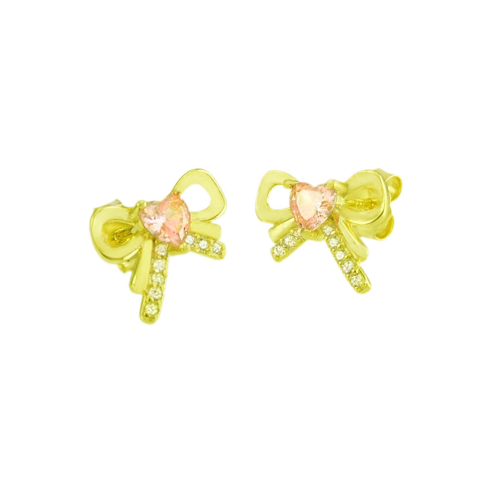 Pink Heart CZ Bow Gold Plated Stud Earrings