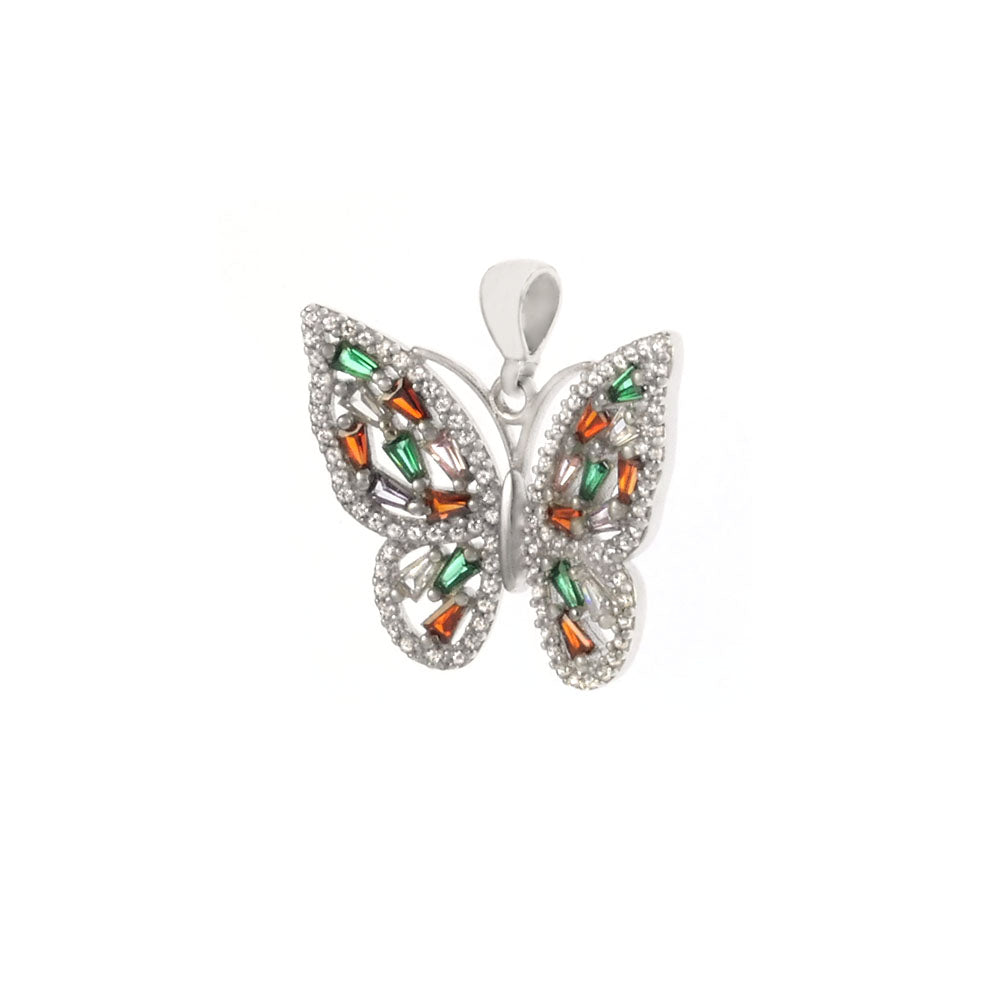 Multicolored CZ Butterfly Rhodium Pendant