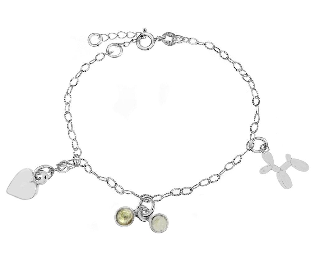 Sterling Silver Cable Chain with Heart-Moon Stone-Dog Charm Bracelet