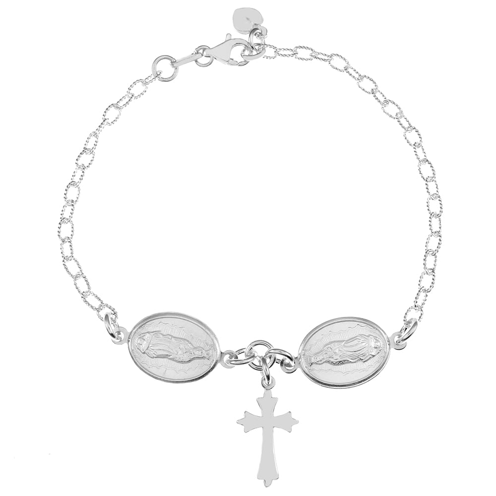 Oval Rolo DC with Lady of Guadalupe-Cross Silver Bracelet