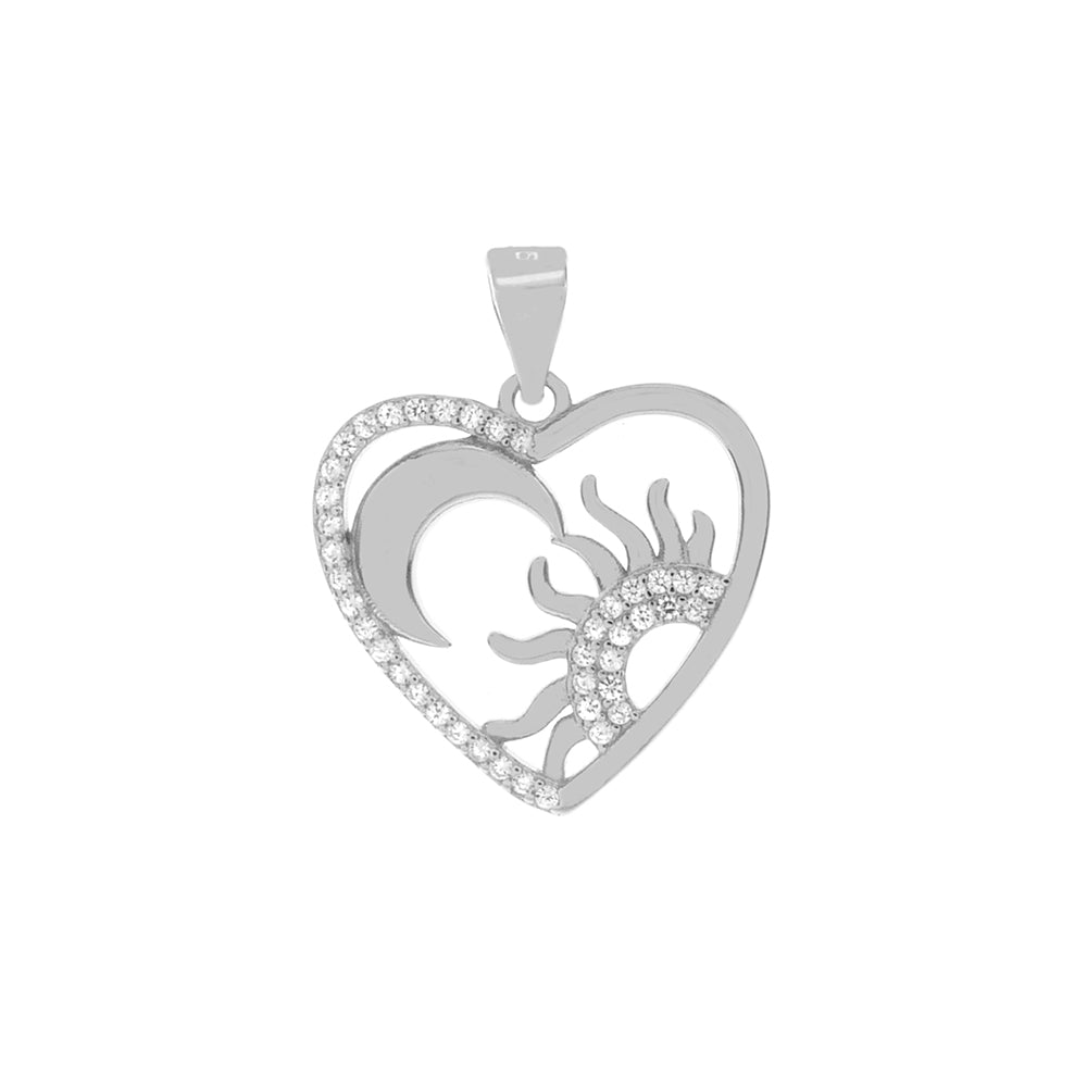 Sun-Moon in Heart Silver Rhodium CZ Pendant