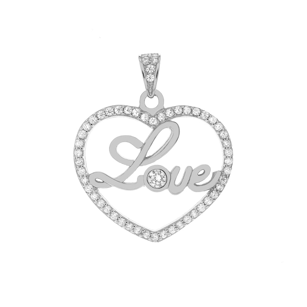 LOVE Heart Sterling Silver Rhodium CZ Pendant