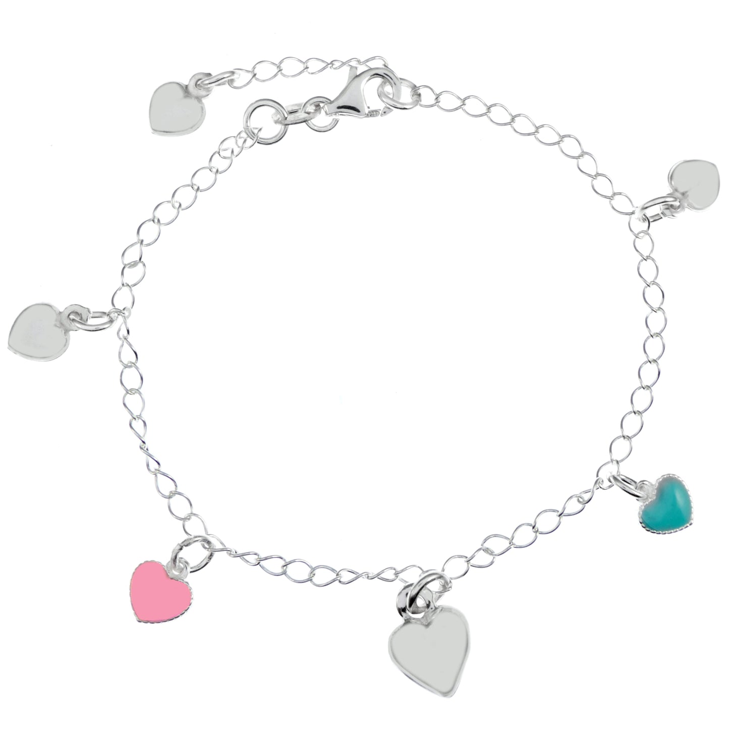 Pink and Blue-Green Enamel Heart Sterling Silver Charms Bracelet