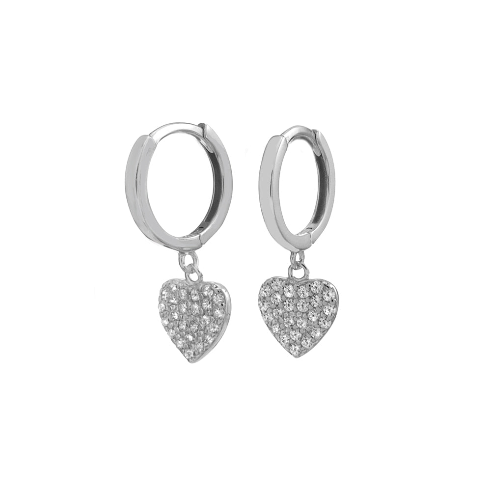 Pave CZ Heart Silver Rhodium Huggie Hoop Earrings