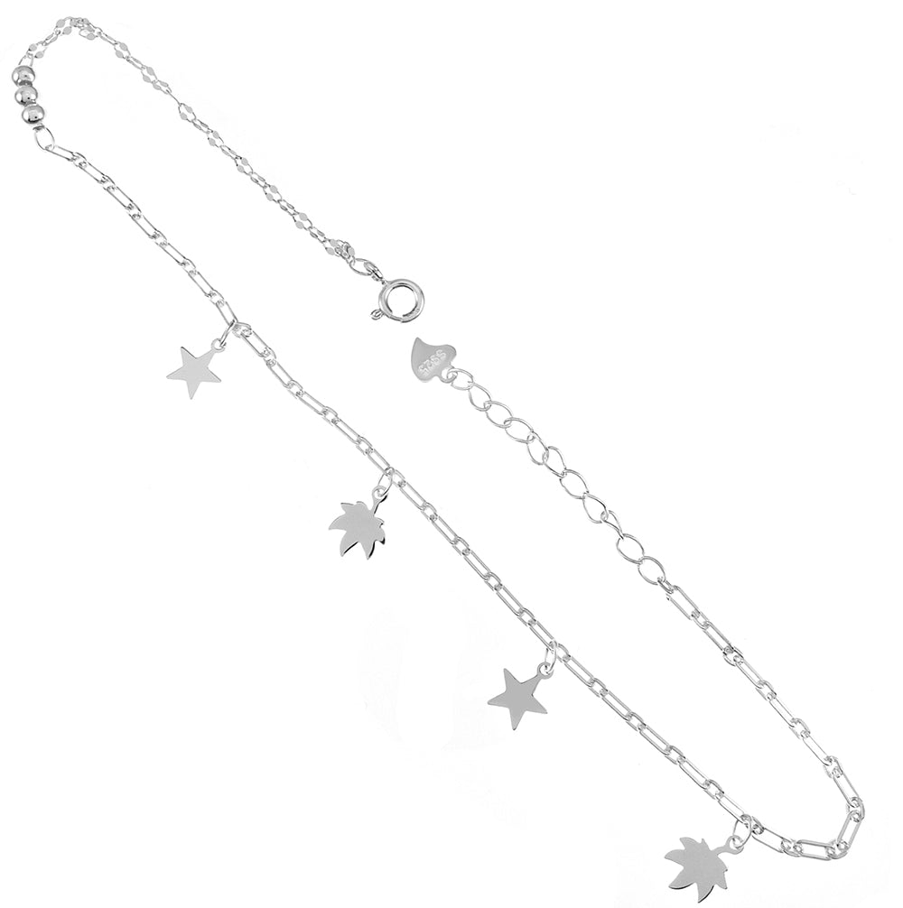 Star-Maple Leaf Sterling Silver Charm Anklet