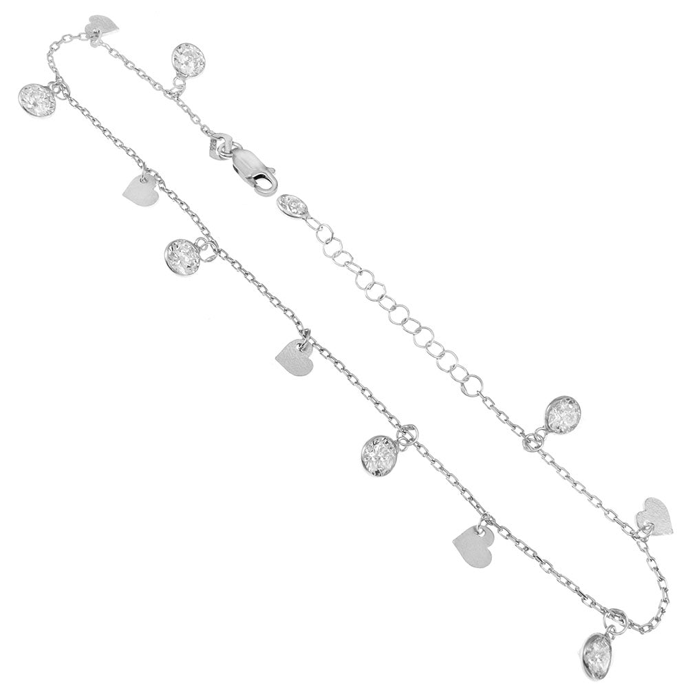 Heart-6mm Round CZ Bezel-Set Rhodium Anklet