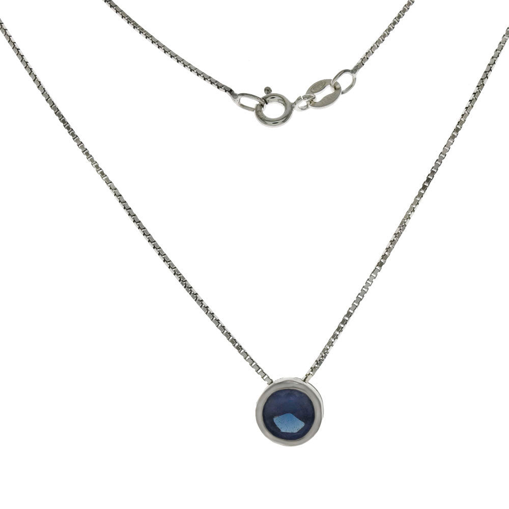 Rhodium Box Chain with 8mm Bezel Set Sapphire CZ Necklace