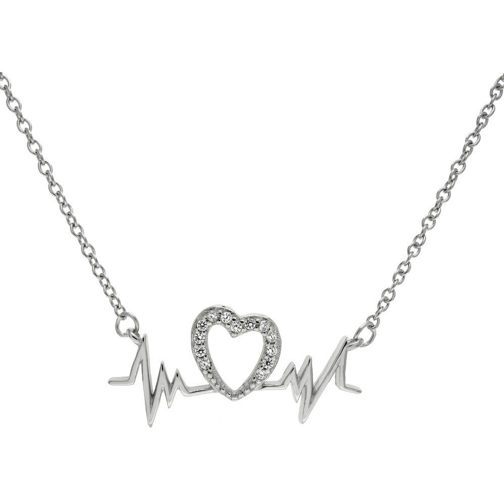 Sterling Silver Heartbeat & CZ Heart Rhodium Necklace