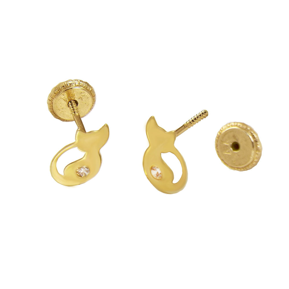 14K Yellow Gold Cute Goldfish W. Spanish Screw-Back Stud Earrings