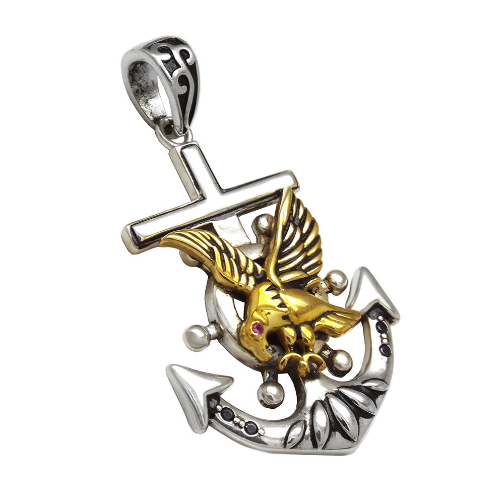 Anchor with Gold Plated Brass Eagle Silver Pendant