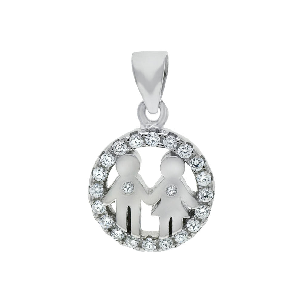 Sterling Silver Circle Of Love Boy Girl Cubic Zirconia Pendant