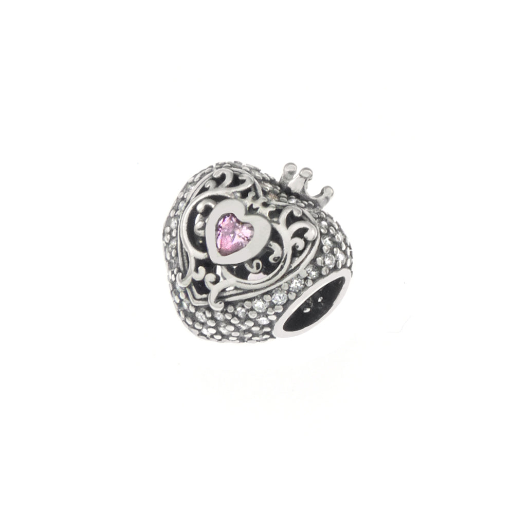 CZ Heart Bead Sterling Silver Rhodium Charm