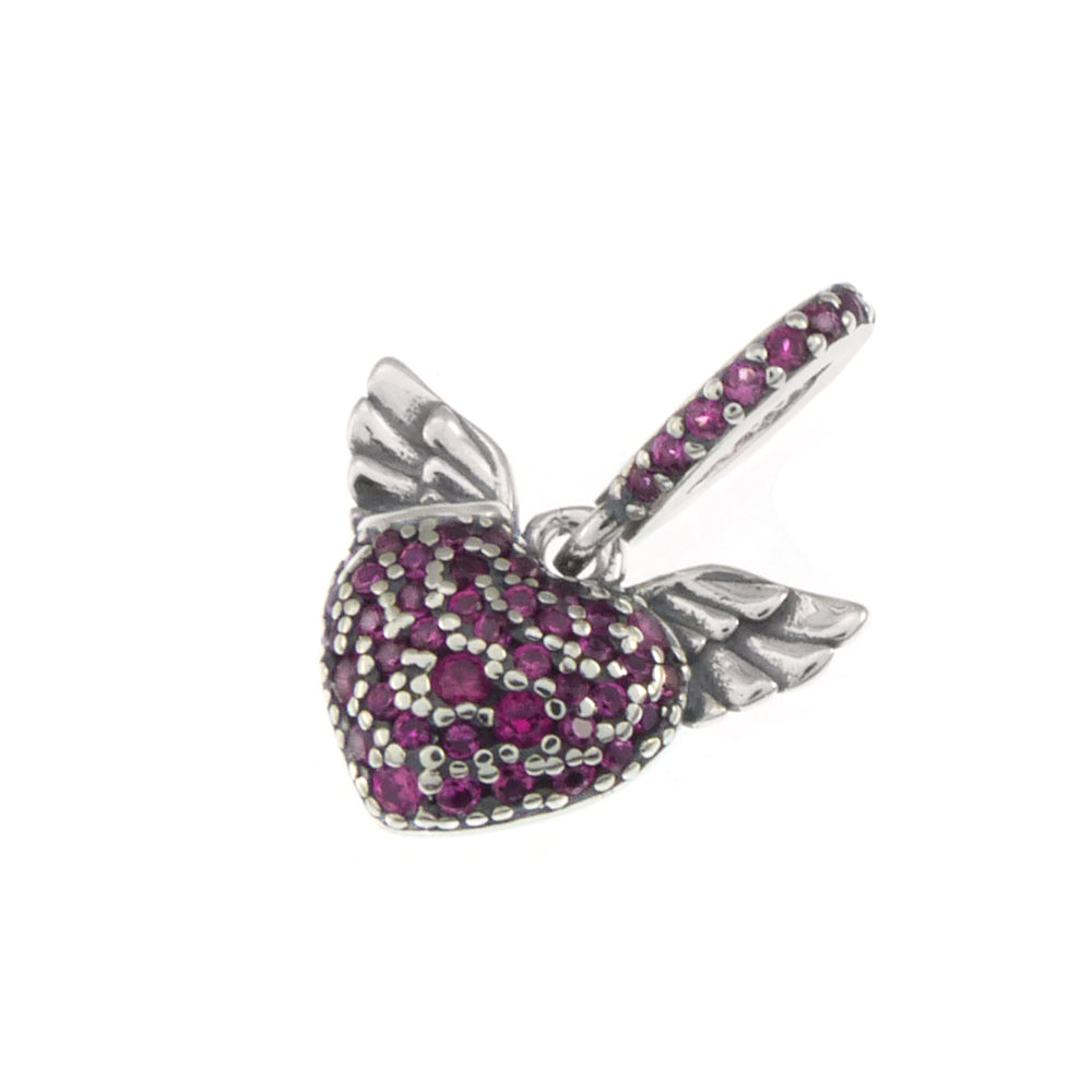 Angel Wings Ruby Red CZ Heart Charm Pendant