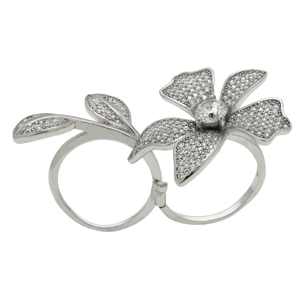 Sterling Silver Pave CZ Flower Two Fingers Ring