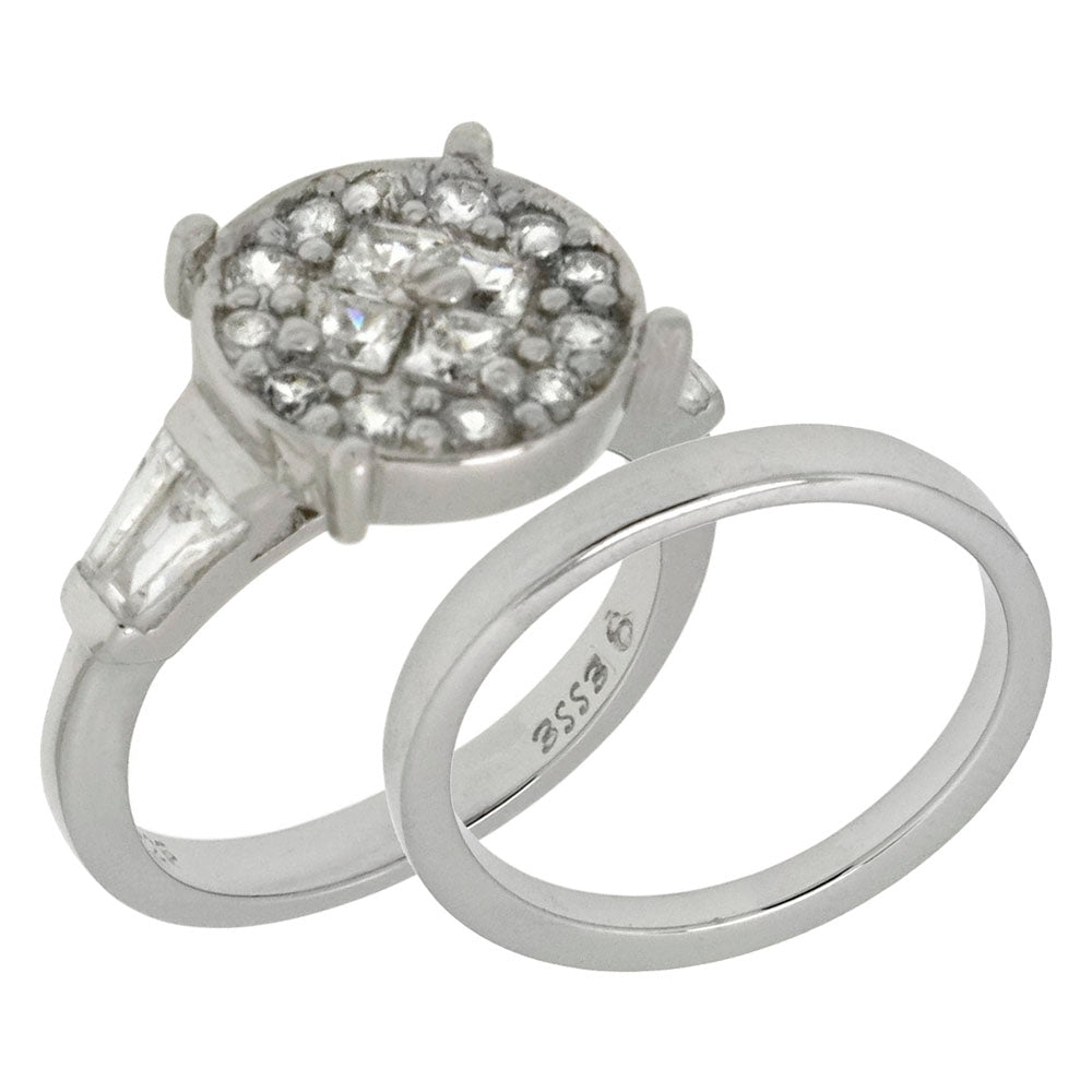 Sterling Silver Princess Round Trapezoid CZ 2 Rings Set