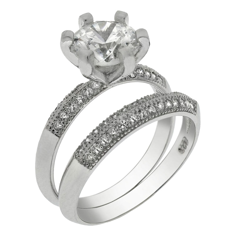 Sterling Silver 7MM Round CZ 6 Prong Wedding Ring Set