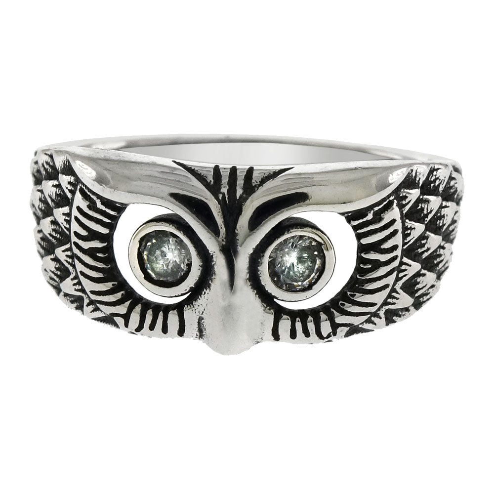 Sterling Silver Oxidized Owl Ring W. Eyes Cubic Zirconia