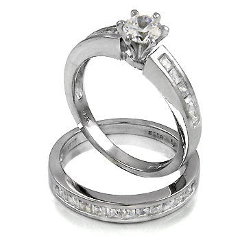 Sterling Silver 6mm Round Cubic Zirconia Princess Cut CZ Wedding Ring Set