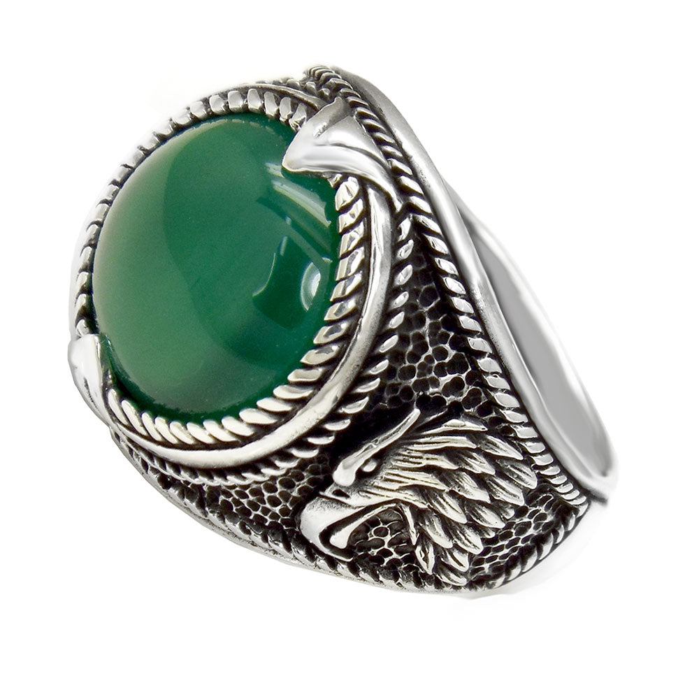 Sterling Silver Green Agate W Eagle Head Oxidized Ring
