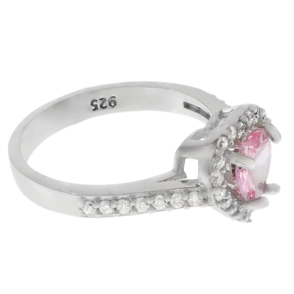 Pink Heart Shape CZ Halo Sterling Silver Ring