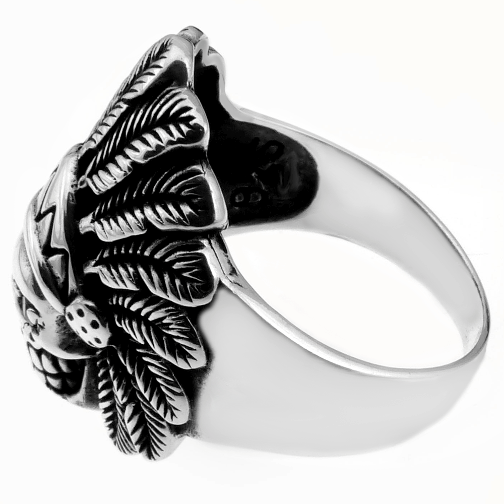 Skull with Indian Headdress Sterling Silver Oxidized Ring