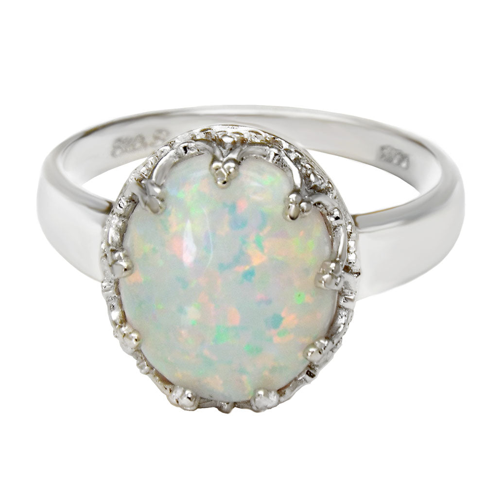 Sterling Silver 10x12mm Japanese Lab Created White Opal Ring