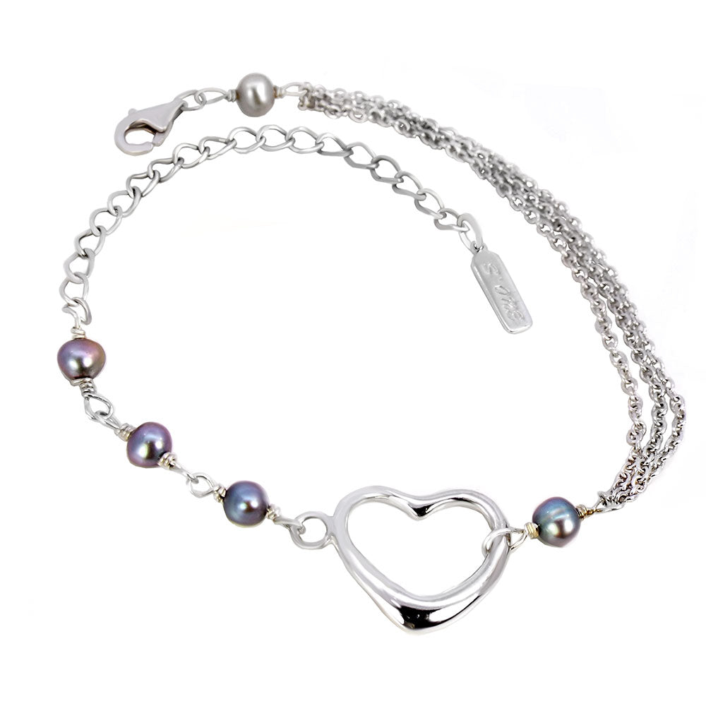 Grey Freshwater Pearl with Heart hand Made Rhodium Bracelet