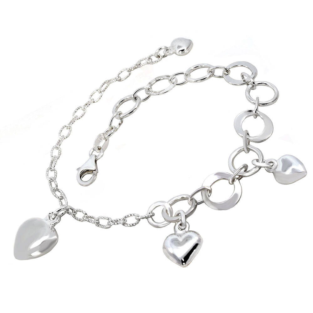 Puff Heart Mixed Chain Sterling Silver Charm Bracelet