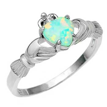 Lab White Opal Claddagh Ring