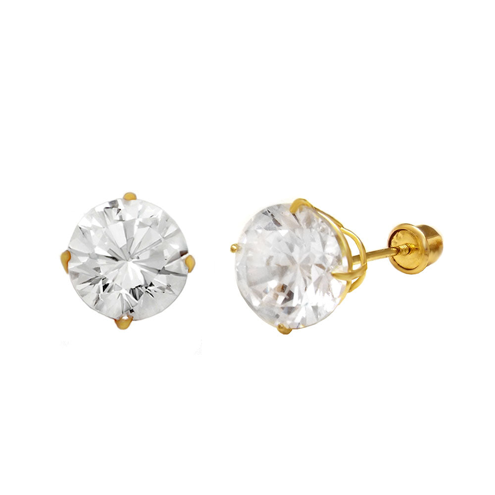14K Gold Round CZ Screw Back Stud Earrings
