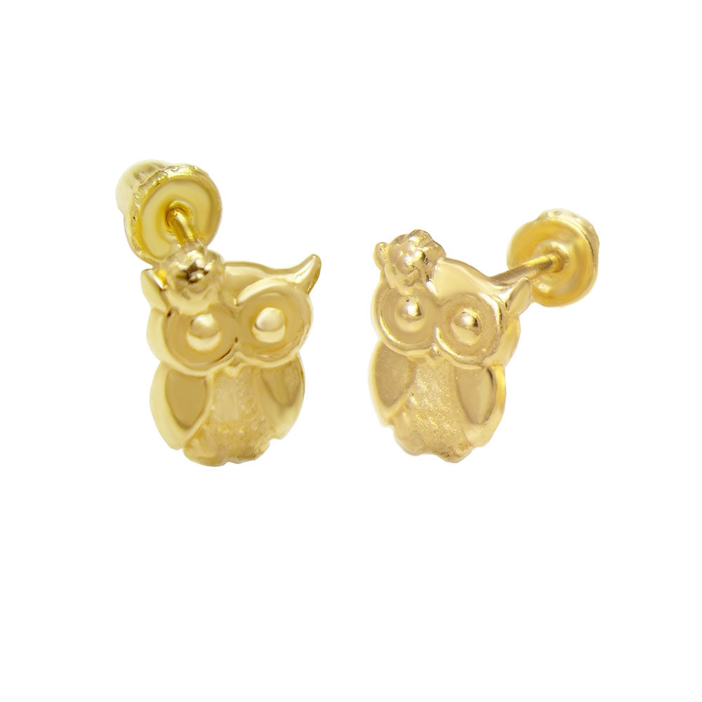 14K Gold Owl Stud Earrings Screw Back