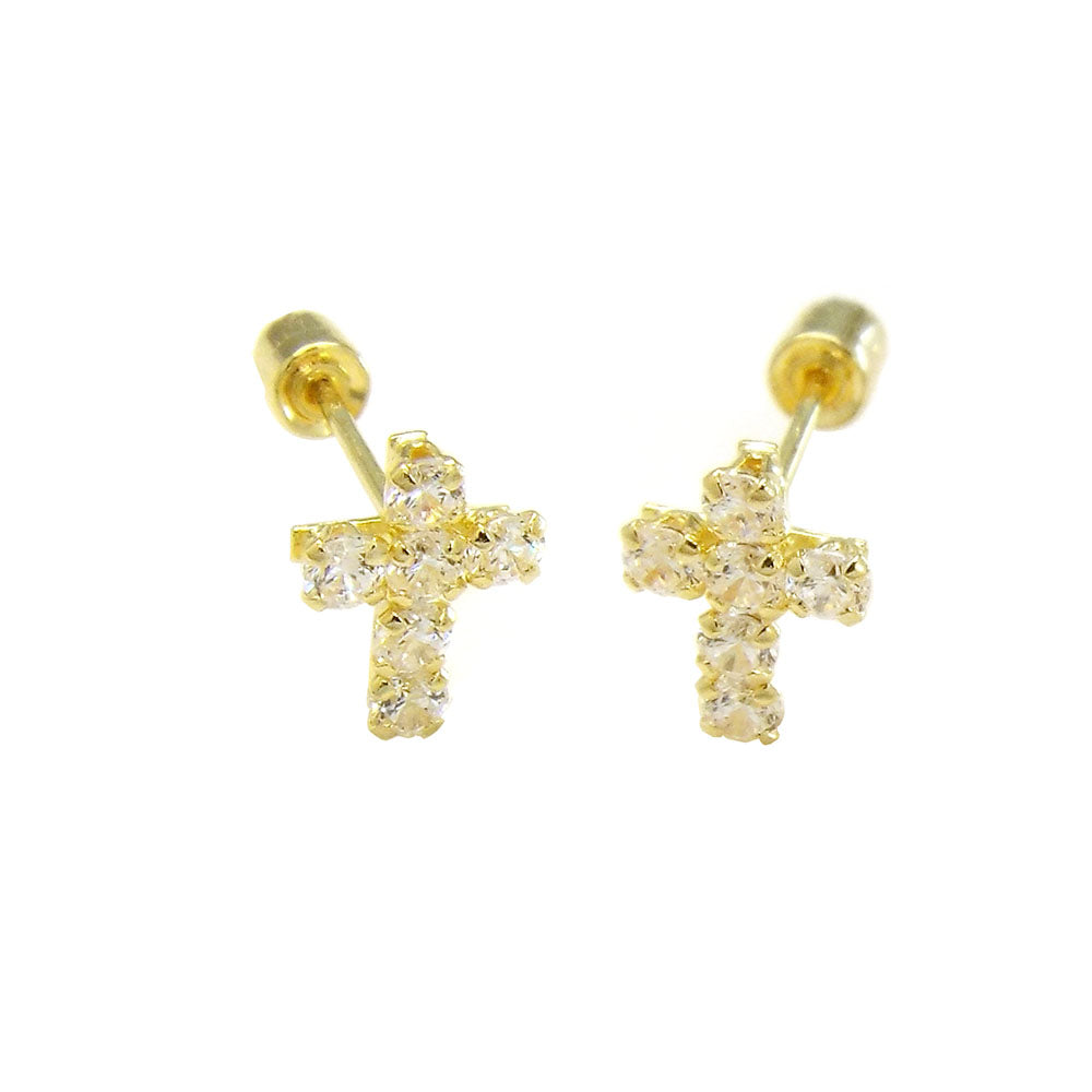 14K Gold CZ Cross Screw Back Stud Earrings