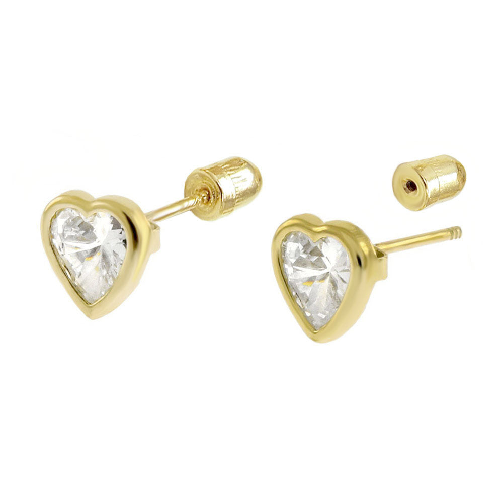 14K Gold Heart CZ Bezel Set Stud Earrings Screw Back